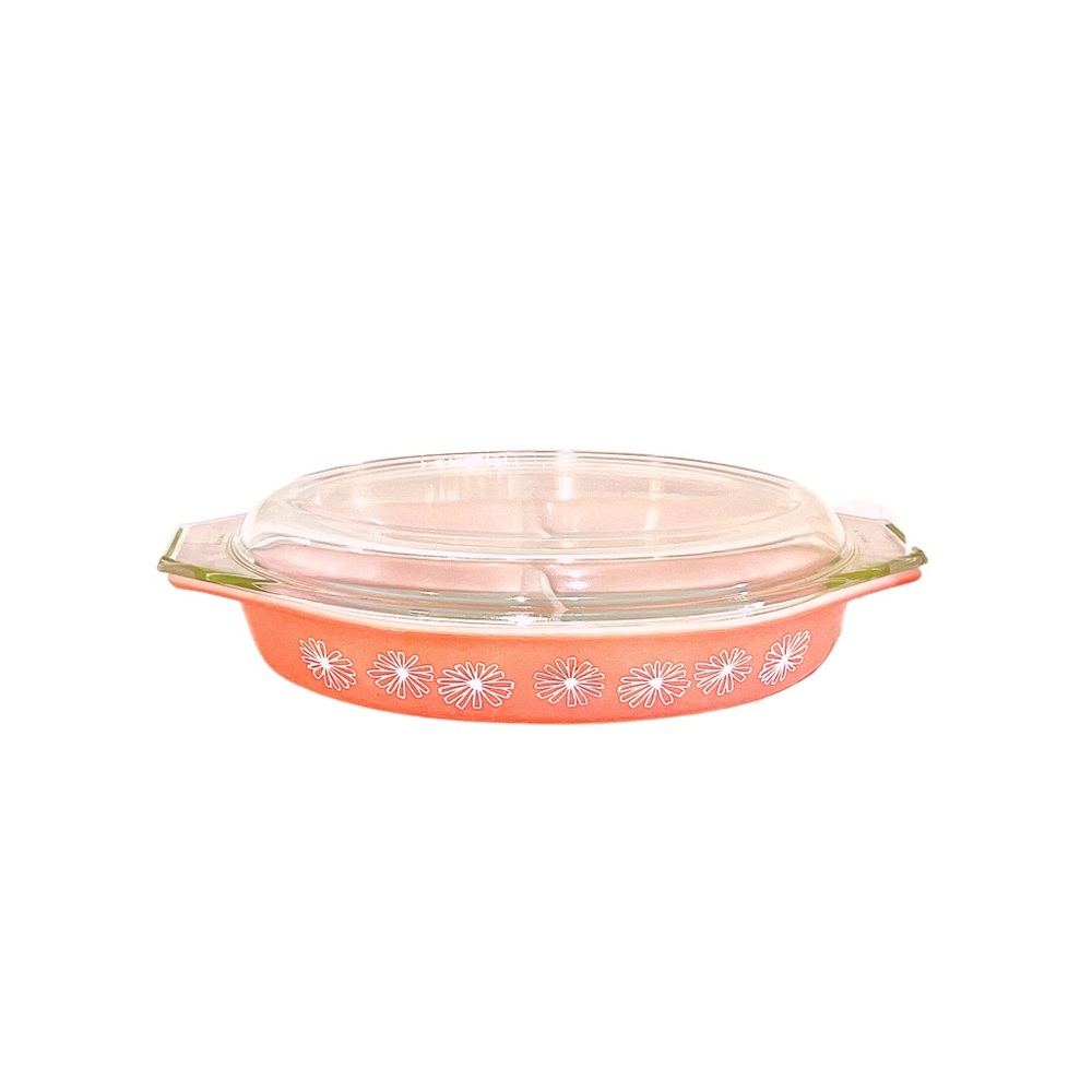 Vintage PYREX Pink Daisy Pattern~Divided Casserole Dish W/Lid  1 - 1/2 Quart